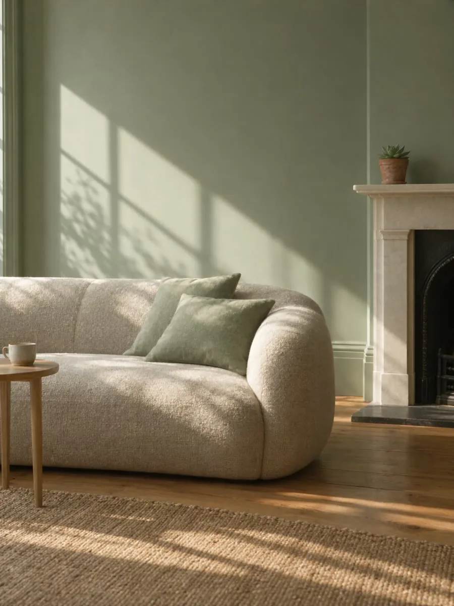 An oat bouclé Harbour sofa in a sage green Victorian front room, morning sun across the wall