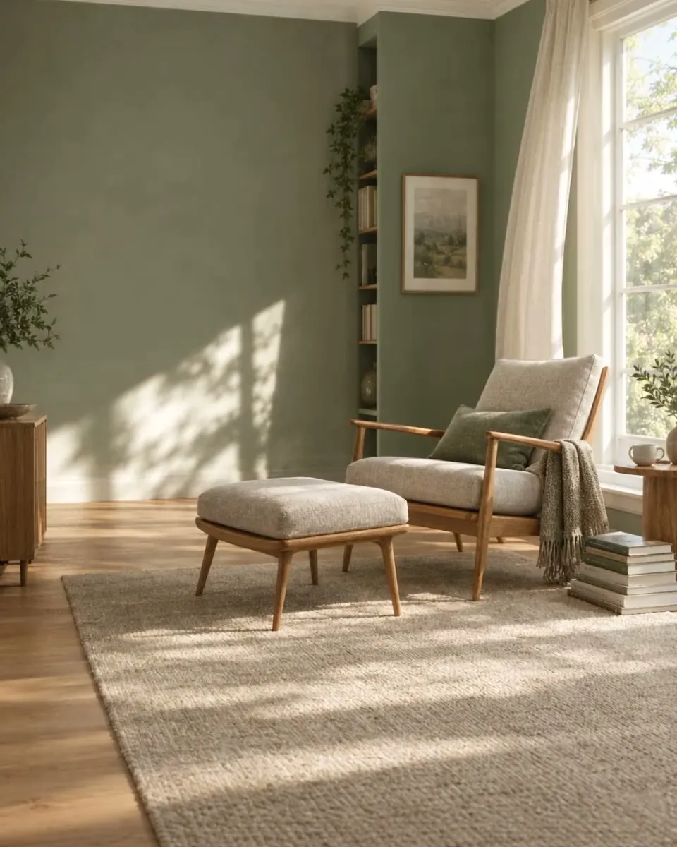 The Roundhay reading chair and footstool in oak and linen by a sunny window